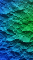 A vertical abstract composition showcasing a crumpled paper texture with a vibrant gradient transitioning between blue and green hues