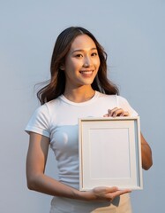Beautiful Asian Woman Holding Blank Square Frame Mockup Approval Gesture