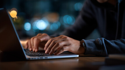 Faceless man hands stealing data from computers laptop theft operation information breach scenario cybercrime activity display unauthorized access visualization defocused work