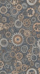 A vertical background displaying a detailed array of gears in various sizes and shades of gray and beige on a grey backdrop