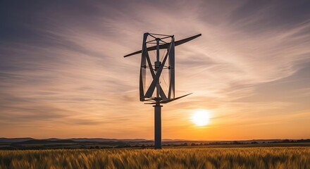 A vertical axis wind turbine stands tall in a field of wheat, silhouetted against a radiant sunset sky. Golden light bathes the scene