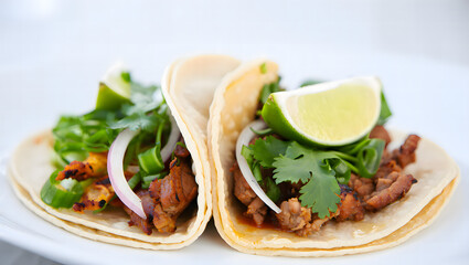 Obraz premium Taco Delights: Two mouthwatering tacos, overflowing with savory fillings, fresh cilantro, lime wedges, and vibrant ingredients on a soft tortilla shell.