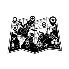 World Map Navigation: A stylized world map, adorned with pin markers, stars, compasses, and airplane symbols, illustrates the concepts of global travel and exploration.