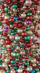 A vertical composition showcases a vibrant cluster of festive spheres in various sizes, colors, and textures, creating a dynamic holiday display