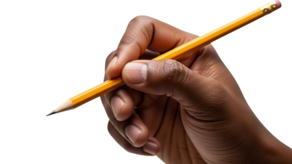 Hand holding yellow pencil on white background