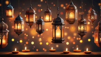 Fototapeta premium Warm golden-lit lanterns hang amid bokeh candles, evoking festive ambiance and soft glow