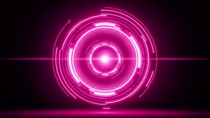 A dynamic digital abstract of concentric circles and futuristic HUD elements in bright pink glowing neon light. The center features a bright focal point, radiating light horizontally across the dark
