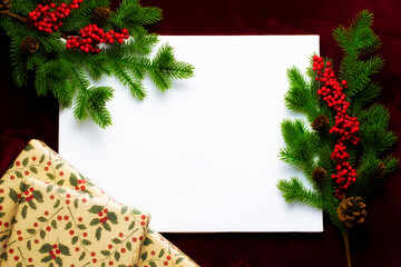 A Christmas card laying around. A modern greeting card with fir branches, red berries, and gifts on a red background. A blank card template with space for text. Merry Christmas.