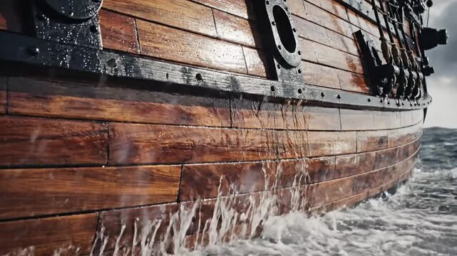 Dramatic Close-Up of an Ancient Wooden Ship Battling Turbulent Ocean Waves in a Fierce Storm