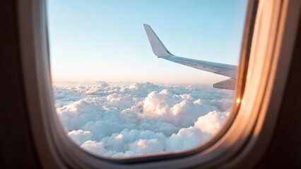 Fototapeta premium Scenic view from an airplane window showing the wing above the clouds at sunrise. Air travel and transportation concept for a vacation journey