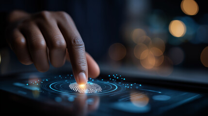 Fingerprint scan security access visualization biometrics identification system futuristic technology interface smart business efficiency artificial intelligence integration