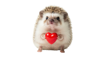Cute small African pygmy hedgehog holding a shiny red heart isolated PNG with Transparent Background