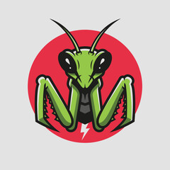 Green Praying Mantis Mascot with Lightning Bolt Symbol.