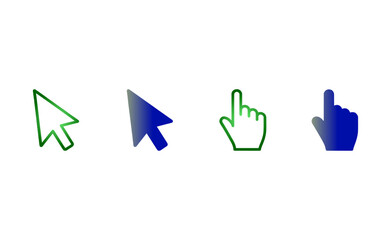 Modern digital cursor icons: gradient green outline and blue filled arrow and hand pointers for user interface design.
