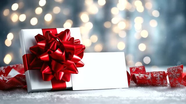 Blank white gift, card red ribbon, bow snow festive, Christmas bokeh background, holiday card template, seasonal greeting display, gift tag concept, defocused background lights, wi
