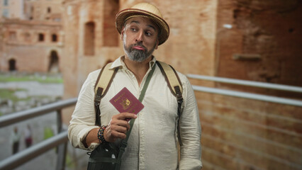 Man holding passport in building with backpack and straw hat at roman ruins; travel curiosity...
