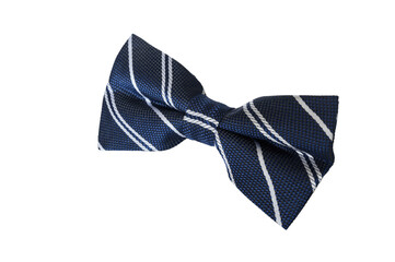 Elegant dark blue striped bow tie isolated on a white background.