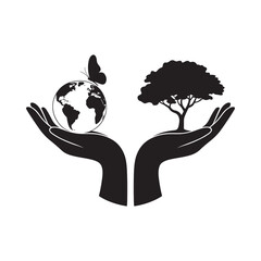 Hands holding a globe with a butterfly and a tree, symbolizing environmental protection