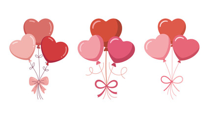 Cute illustration of three bouquets of heart balloons in pink and red for valentine's day or special occasions.
