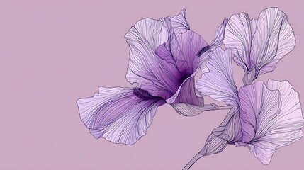 Stunning ethereal purple iris bloom captured with elegant minimalist line work against a soft pastel background