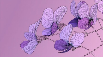 Stunning modern botanical line art featuring elegant purple sweet pea blossoms against a soft gradient background