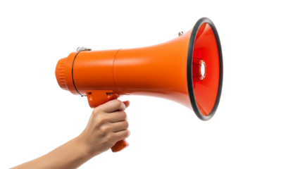 Hand holding orange megaphone loudspeaker