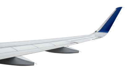 Airplane wing with blue tip against white background