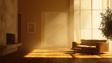 Stunning modern living room bathed in warm golden sunlight streaming through large windows creating dramatic shadows