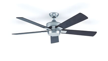 Modern silver ceiling fan with five blades. The fan is a sleek design, perfect for home cooling