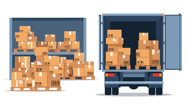 A blue truck with its back doors open and cardboard boxes stacked inside next to a pile of boxes on a white surface
