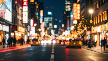 Blurry nighttime city street with moving cars and people on a busy road lined with lit buildings and advertisements.