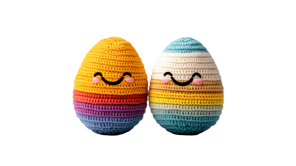 Colorful Crochet Easter Eggs with Smiley Faces on a transparent background