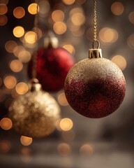 Festive Christmas ornaments glow against a backdrop of bokeh lights.