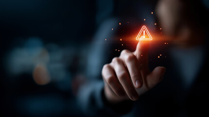 Faceless hand interaction with system warning alert virtual interface display cybersecurity risk concept data breach notification malware hacking visualization defocused digit