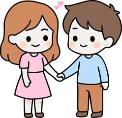 Sweet Valentine Kawaii Chibi Cartoon Couple Illustration of Cute Boy and Girl Holding Hands with Flat Color