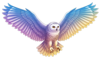 Stylized Rainbow Snowy Owl Flying Illustration with Wide Wings isolated PNG with Transparent Background