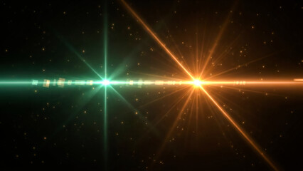 A striking visual representing a collision or convergence of energy, with distinct green and orange light bursts radiating outward. Subtle sparkling particles fill the dark backdrop, enhancing the