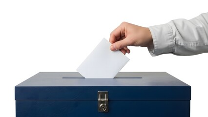 A hand placing a ballot into a voting box, symbolizing civic duty and the democratic process. This image represents the act of voting in an election