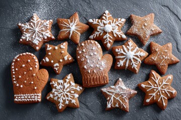 Gingerbread cookies shaped like snowflakes and mittens arranged on slate with powdered sugar snowfall