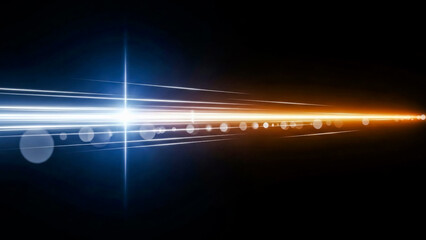 Dynamic abstract image featuring bright blue and orange light streaks moving from left to right against a dark, black background. Subtle bokeh circles add depth and a sense of motion.