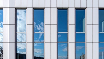 Close-up of a modern building's facade with reflective windows showing a blue sky and clouds in a daytime setting.