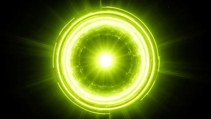 A bright, neon green portal or vortex glows intensely from the center, with concentric rings and subtle digital patterns. Light rays radiate outwards, creating a sense of speed and energy. The dark