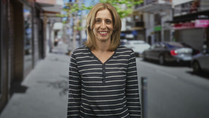 Fototapeta premium Woman smiling, face visible on street, wearing striped top and standing near parked cars and sidewalk; contentment everyday life.