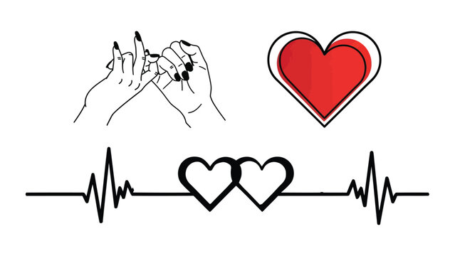 A collection of love symbols including pinky promise, red heart, and heartbeat graphic