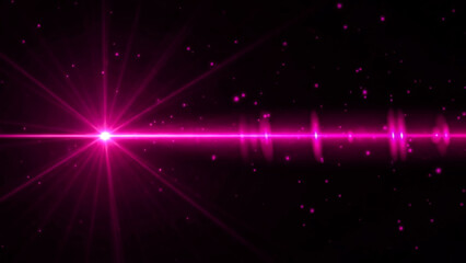 A vibrant pink starburst lens flare dominates the left side of the frame, emitting radiant beams across a dark background. Small, glowing pink particles, resembling stars or bokeh, are scattered