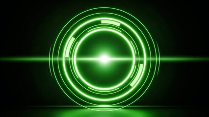 Abstract digital visualization of a glowing green concentric circle interface, resembling a HUD element or scanner. A bright central light and a horizontal beam suggest data transfer, energy, or a
