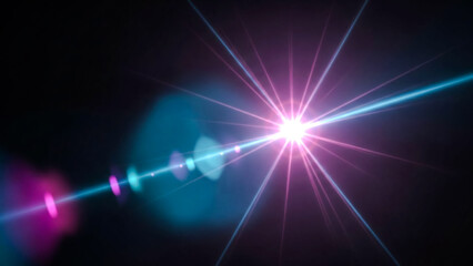 A dramatic and abstract lens flare effect featuring a bright central starburst in pink and white, surrounded by sharp rays extending outwards in pink and cyan. Subtle bokeh circles and streaks add