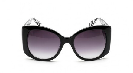 Stylish Black Cat-Eye Sunglasses with Striped Arms. Classic, fashionable eyewear with gradient lenses isolated on a white background