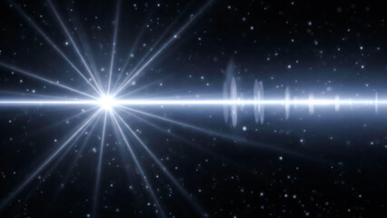 A dynamic visual featuring a brilliant lens flare emanating from the left, casting sharp rays of light across a dark background. Tiny particles resembling stars or dust drift throughout the scene
