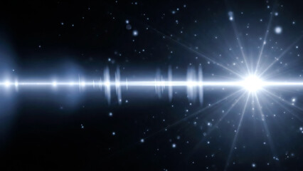 A brilliant white starburst and lens flare effect illuminates a dark, starry background, creating a sense of vastness and wonder. Subtle reflections and glowing particles add depth and atmosphere.